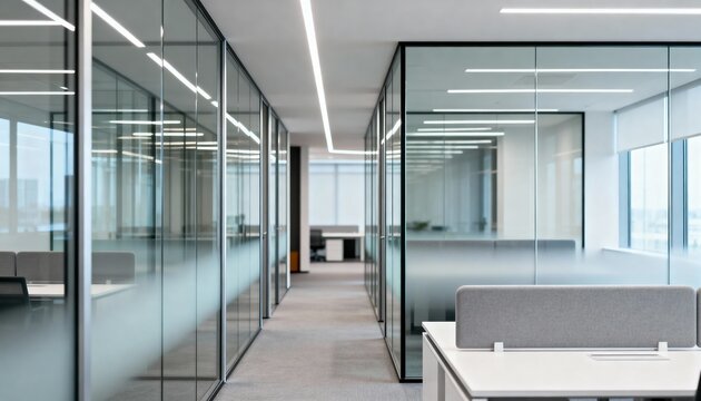 Medium shot of glass partition walls in modern office showcasing transparent space dividers enhancing openplan environment with sleek minimalist design.