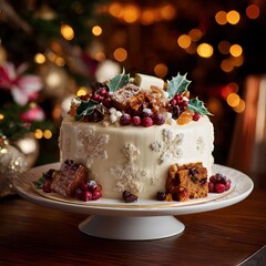 Rustic Christmas Cake With White Frosting Cranberries and Festive Decorations Bokeh Background