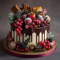 Opulent Chocolate Drip Cake With Fresh Fruits Cinnamon and Golden Decorative Elements