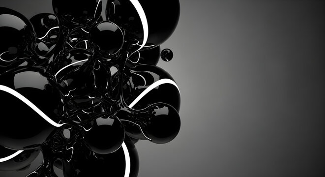 Abstract glossy black liquid shape with glowing white lines on dark background