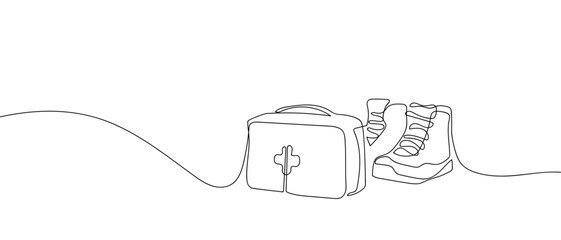 Obraz premium First aid kit and hiking boots in one continuous line one line vector illustration Editable stroke.
