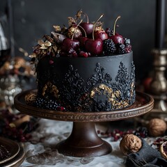  Elegant Dark Chocolate Cake Decorated With Berries Fruits and Vintage Gold Details