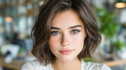 Obraz premium Close-up portrait of a young woman with a stylish bob haircut
