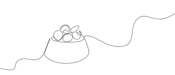 Pudding with berries on top, in one continuous line. one line vector illustration Editable stroke.