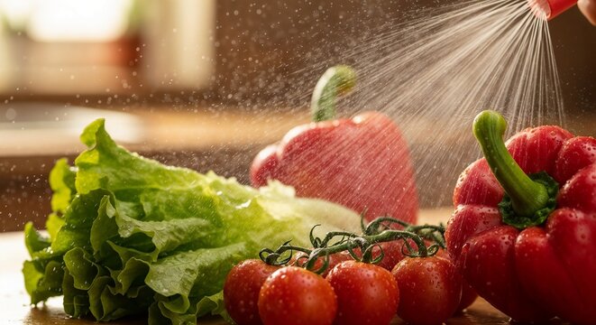 Washing fresh vegetables with water spray in the kitchen. Close-up of red bell pepper, cherry tomatoes and lettuce. Healthy eating, natural food and cooking preparation concept