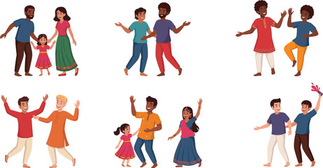 Colorful illustration of diverse families and friends celebrating together, dancing happily, enjoying festive moments, cultural traditions, joy, unity, and togetherness.