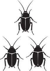 Three black beetle insect silhouettes