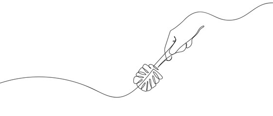 Hand holding a cleaning brush in one continuous line. one line vector illustartion Editable stroke.