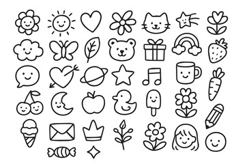 Set of Cute Kawaii Hand Drawn Doodle Elements. Funny Vector Clipart Collection with Nature, Food, Animal, and Happy Face Icons.