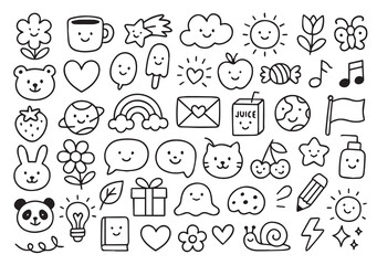 Set of Cute Hand Drawn Doodle Elements. Funny Vector Clipart Collection with Animals, Food, Nature, and Happy Face Kawaii Style Icons.