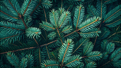 Lush Green Pine Foliage Closeup: Evergreen Tree Branches, Nature Background & Natural Texture