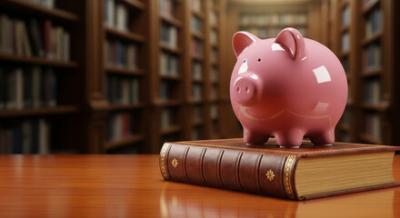 Piggy Bank on Books in a Library representing Saving Money for Education, Research, and Future Academic Career Goals Concept