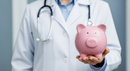 Doctor Holding a Piggy Bank representing Saving Money for Medical School, Healthcare Finance, or Medical Investment Concept