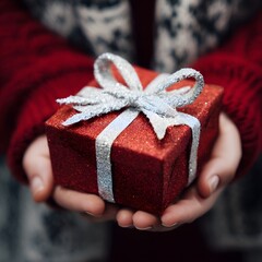 Hands Holding Elegant Red Gift Box With Silver Ribbon and Festive Bow