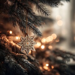 Rustic Christmas Star Ornament Hanging on Pine Branch With Warm Bokeh Lights