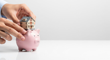 Hands Passing a House Model to a Piggy Bank representing Real Estate Investment Transfer and Future Property Saving Goal Concept