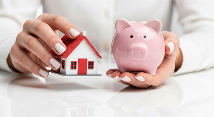Hands Holding a House Model and Piggy Bank representing Saving Money for Real Estate Investment and Future Home Ownership Goal Concept