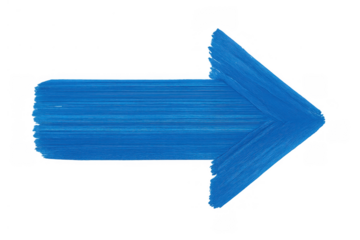 Blue painted brush stroke arrow showing direction and movement, pointing right with transparent background