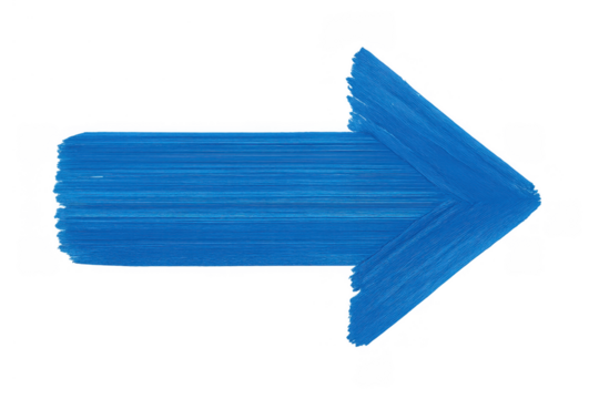 Blue painted brush stroke arrow showing direction and movement, pointing right with transparent background