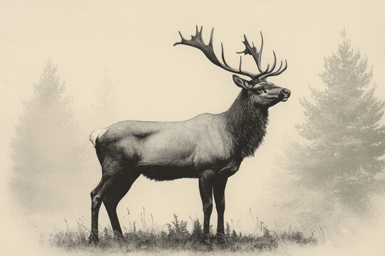 A graphic artistic illustration of a majestic deer with spreading antlers, standing against the backdrop of a misty pine forest.