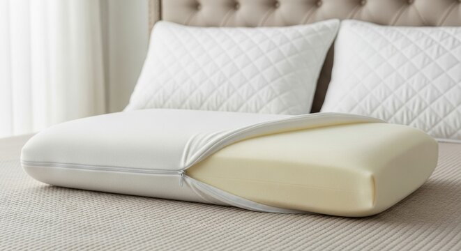 An ergonomic memory foam pillow for neck support is shown with its soft white case unzipped to reveal the material, placed on a neatly made bed with a tufted headboard
