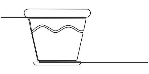 Flower pot continuous one line drawing, Continuous one line drawing of monstra plant in flower pot, minimalist botanical outline art illustration. 