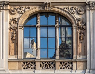 Modern Building Exterior with Ornate Arch Window Reflection