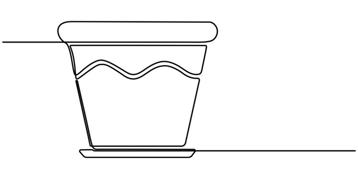 Flower pot continuous one line drawing, Continuous one line drawing of monstra plant in flower pot, minimalist botanical outline art illustration. 