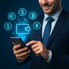 A man holds a smartphone projecting a wallet icon. Glowing currency symbols float around the virtual image. AI generated