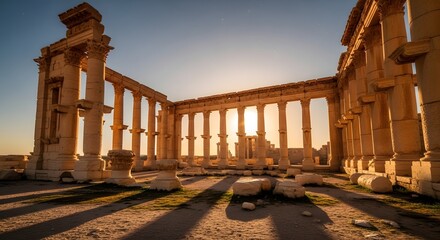 Obraz premium Dramatic late-afternoon light casts long shadows across the ancient columns of the Temple of Baal in Palmyra, highlighting its historic architecture and timeless desert atmosphere.