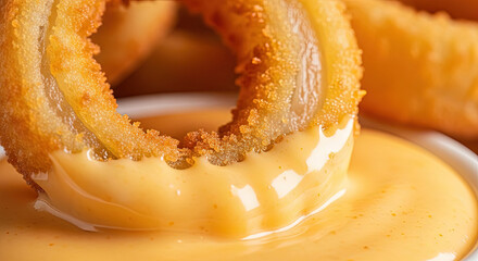 Close up view of golden crispy fried onion ring dipping into creamy yellow cheese sauce appetizer macro shot