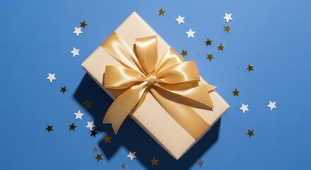 A beautifully wrapped beige gift box with a large golden satin bow is surrounded by star-shaped confetti on a vibrant blue surface, captured from a top-down perspective