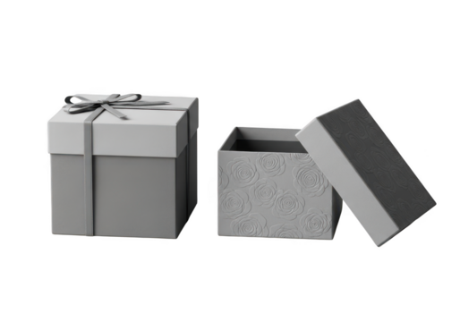 Two grey gift boxes one closed with ribbon and one open isolated on transparent background