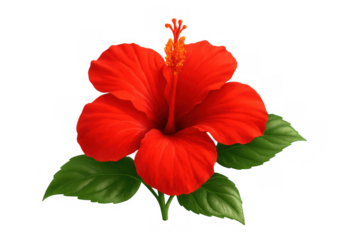 Red hibiscus flower with green leaves blooming, tropical botanical illustration isolated on transparent background