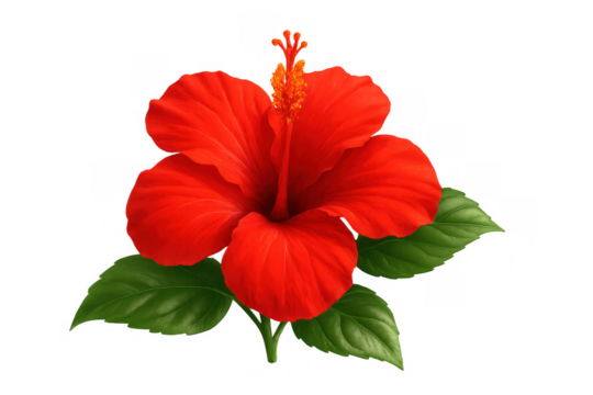 Red hibiscus flower with green leaves blooming, tropical botanical illustration isolated on transparent background