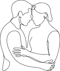 Minimalist line art illustration of a man and woman holding hands looking at each other..one line icon with out background