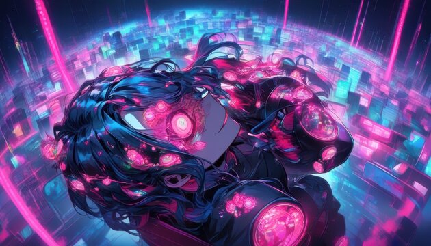 Anime Girl Immersed in Pink Digital Data Stream with Glowing Orbs