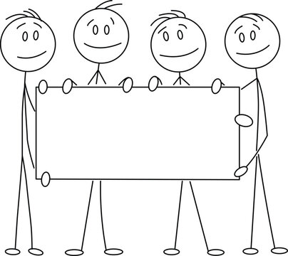 Four stick figures holding a large empty banner sign for text or message Vector