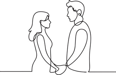 Minimalist line art illustration of a man and woman holding hands looking at each other..one line icon with out background