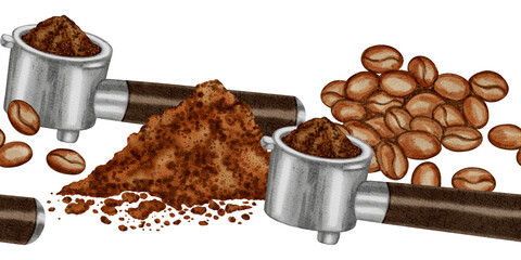 Watercolor illustration seamless border featuring a portafilter with ground coffee and coffee beans. A set of watercolor illustrations for coffee shops, cafes, packaging, menus, and product design.