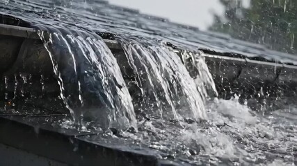 Heavy rain cascading off roof into overflowing gutter captured in a close up shot. Rain cascading off roof forms a dramatic waterfall effect, highlighting need for home maintenance.