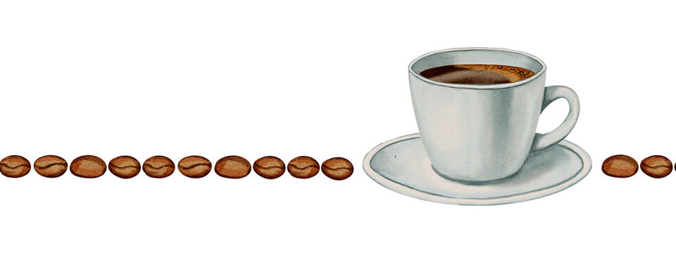 Hand drawn watercolor illustration, seamless border with coffee cup and coffee beans