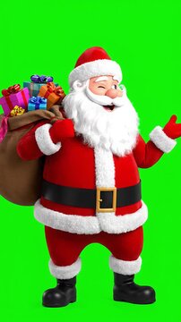 Jolly Santa Claus dancing with a sack of gifts and smiling cheerfully. Santa Claus, the ultimate gift-giver, beams with joy while clutching his legendary sack of goodies!