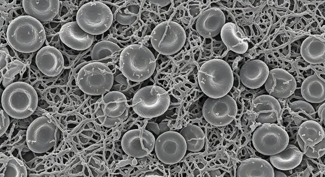 Scanning electron microscope image of red blood cells in clot