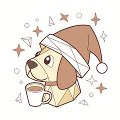 Cute dog wearing a santa hat holding a cup of coffee