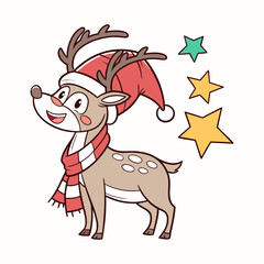 Cute cartoon reindeer wearing a santa hat and scarf with stars
