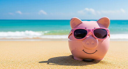 Piggy Bank with Sunglasses on a Tropical Beach perfect for Vacation Savings Goal and Summer Holiday Travel Fund Concept Background