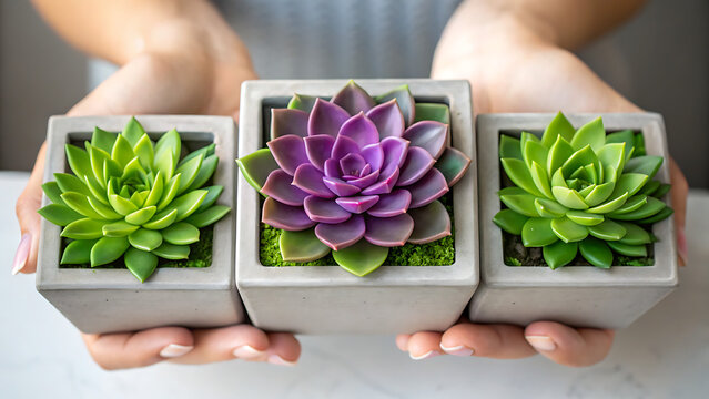 Hands holding three small square concrete planters with colorful succulent plants for home decor