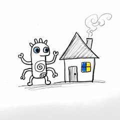 Funny Crayon Doodle of a Friendly Monster Next to a Simple House