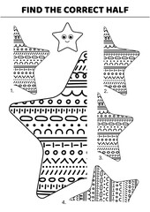 Star. Find the correct half of star. Black and white. Educational attention game for kids. Isolated vector illustration eps 10